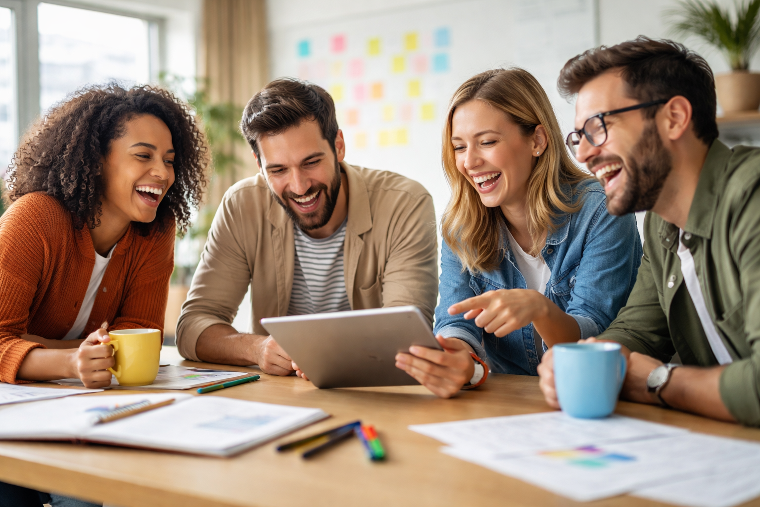 Om os-billede: Et lille redaktionsteam i et afslappet kontor- eller hjemmearbejdsmiljø, der brainstormer og læser historier højt for hinanden med grin, tavler/post-its i baggrunden og en uformel, kreativ stemning.