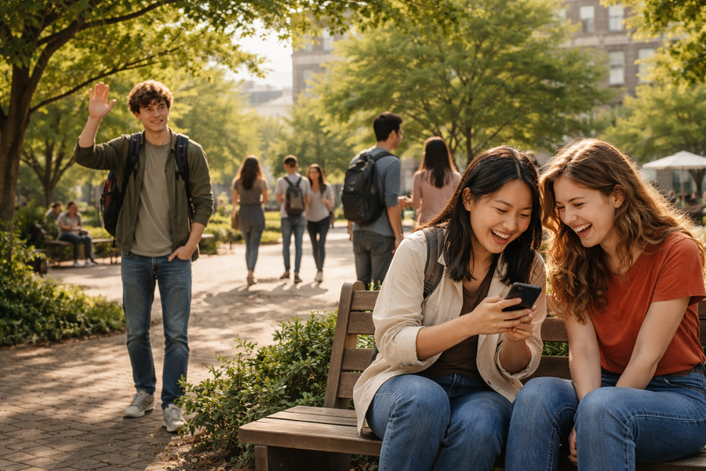 Atmosfære-billede: En serie små hverdagssituationer samlet i ét miljø – fx flere mennesker i en park eller på et campus, hvor nogle griner over en telefon, andre ser lidt akavede ud i baggrunden – en let, humoristisk og social stemning.