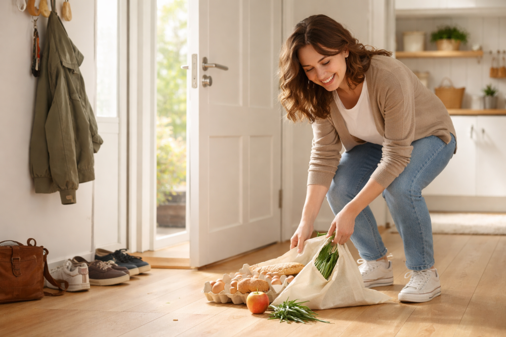 Standard blog-header: En collage-agtig hverdagsscene i et køkken eller entré, hvor en person tydeligt har haft et pinligt øjeblik – fx tabt noget på gulvet, rød i hovedet og smågriner af sig selv, mens situationen stadig ser realistisk ud.