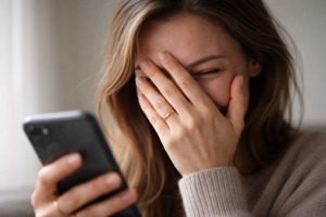 Detaljebillede: Nærbillede af en hånd, der dækker et grinende ansigt, mens personen kigger mod en telefon udenfor fokus – fokus på det akavede smil og den kropslige reaktion, neutral baggrund.