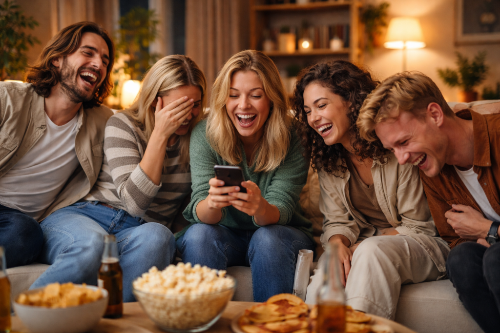 Bred hero forside: En lille gruppe unge voksne i 20’erne–30’erne sidder i en stue og bryder sammen af grin over en telefon, tydeligt i gang med at dele pinlige historier – stemningen er varm, afslappet og genkendelig, med fokus på fællesskabet omkring de akavede øjeblikke.