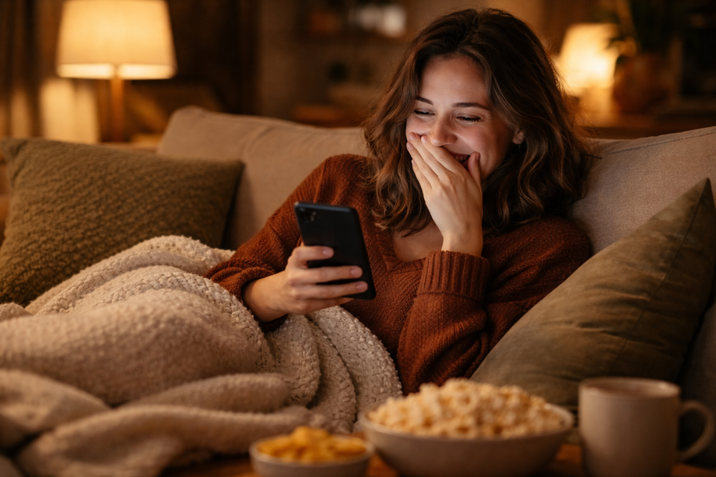 Service-billede 1 (læs historier): En person ligger afslappet i sofaen med tæppe og snacks og læser på sin telefon, tydeligt fanget af en sjov, pinlig historie og griner for sig selv.