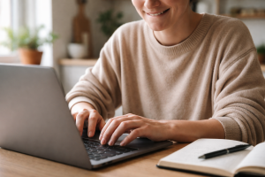 Service-billede 2 (indsend historie): Fokus på en hånd, der skriver en pinlig historie på sin laptop eller telefon, med en let nervøs, men grinende kropsholdning – en fortrolig, lidt akavet stemning.