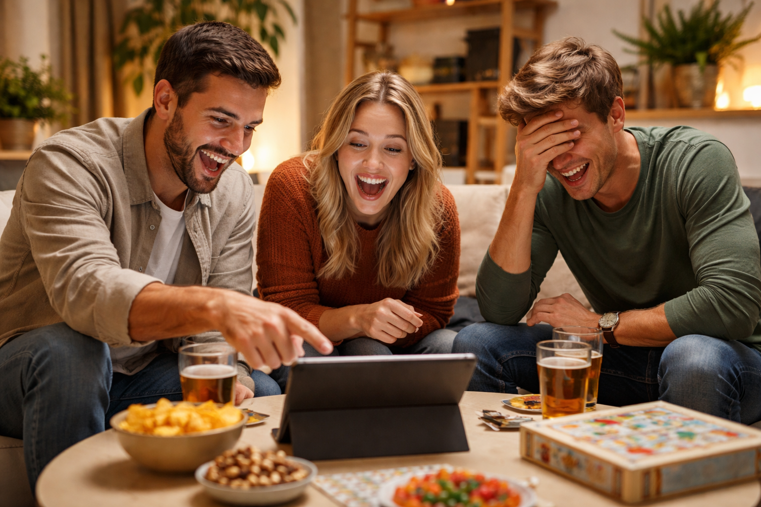 Service-billede 3 (del med venner): En lille vennegruppe sidder omkring et bord med snacks og drikkevarer og læser noget sjovt på en tablet, flere peger, læner sig ind og griner sammen.