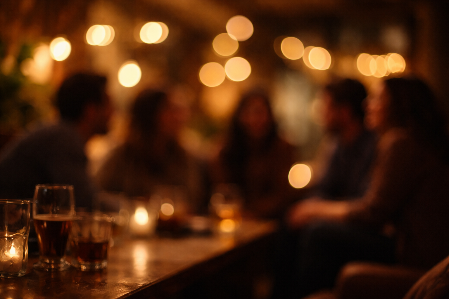 Baggrund til testimonials: Sløret, stemningsfuldt billede af mennesker i et hyggeligt aftenmiljø – fx en bar eller stue – hvor de sidder i samtale og griner, uden at ansigter er i skarp fokus, så tekst kan lægges ovenpå.